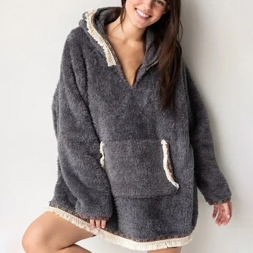 Natural Life Oversize Blanket Teddy Sherpa Hoodie Pullover O/S Cozy Dark Gray
